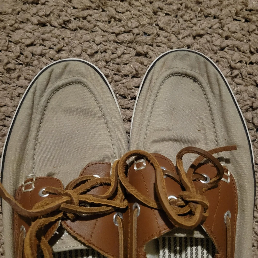 MENS RALPH LAUREN POLO RYLANDER BOAT CANVAS LEATHER UPPER SHOES KHAKI SZ 9.5D